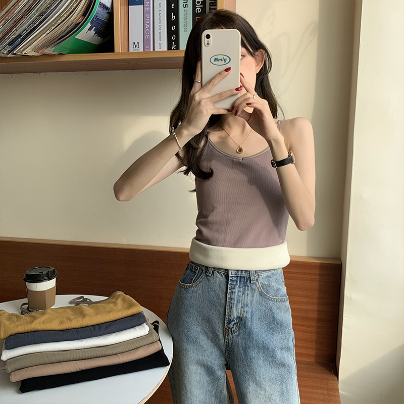 實拍 冬季加絨加厚外穿無袖背心吊帶修身顯瘦內搭打底女裝