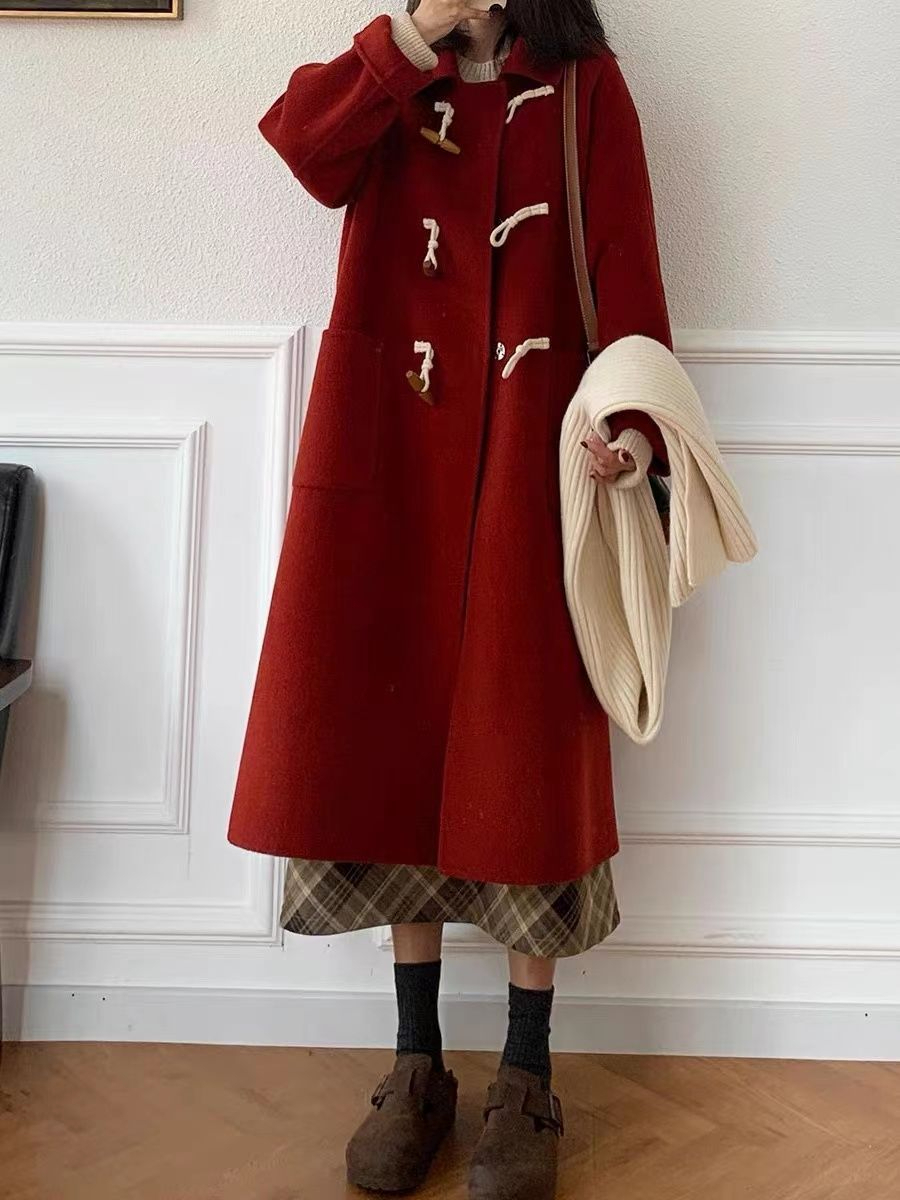 2023 new internet celebrity mid-length coat small horn button woolen coat Korean style autumn and winter coat for women