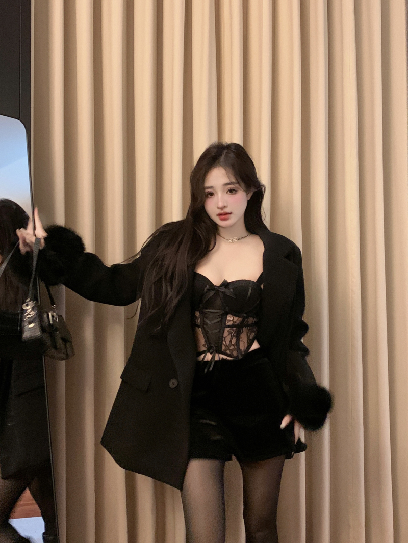 Actual shot of high-end feather long-sleeved woolen suit jacket, autumn and winter Korean style loose quilted suit