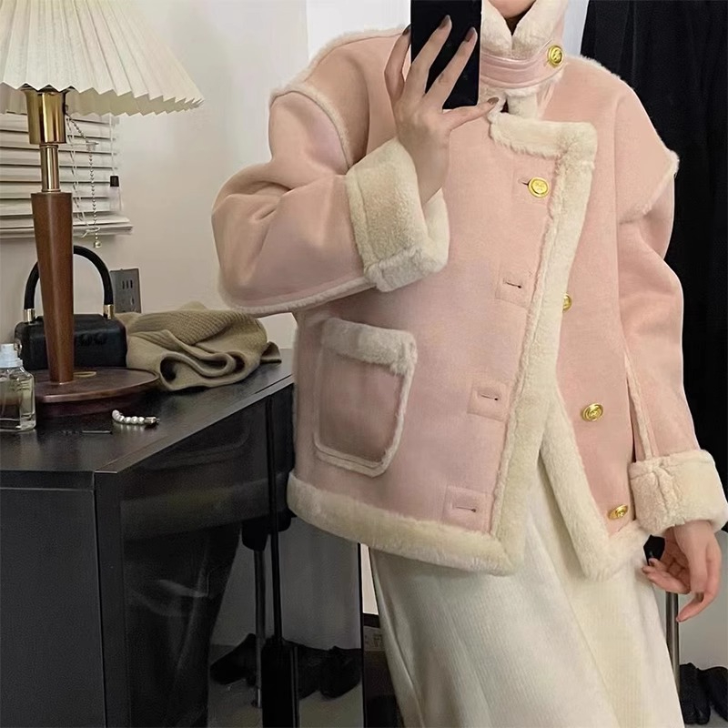 粉色小香風皮毛一體外套女2023年冬季新款韓系加絨加厚機車服