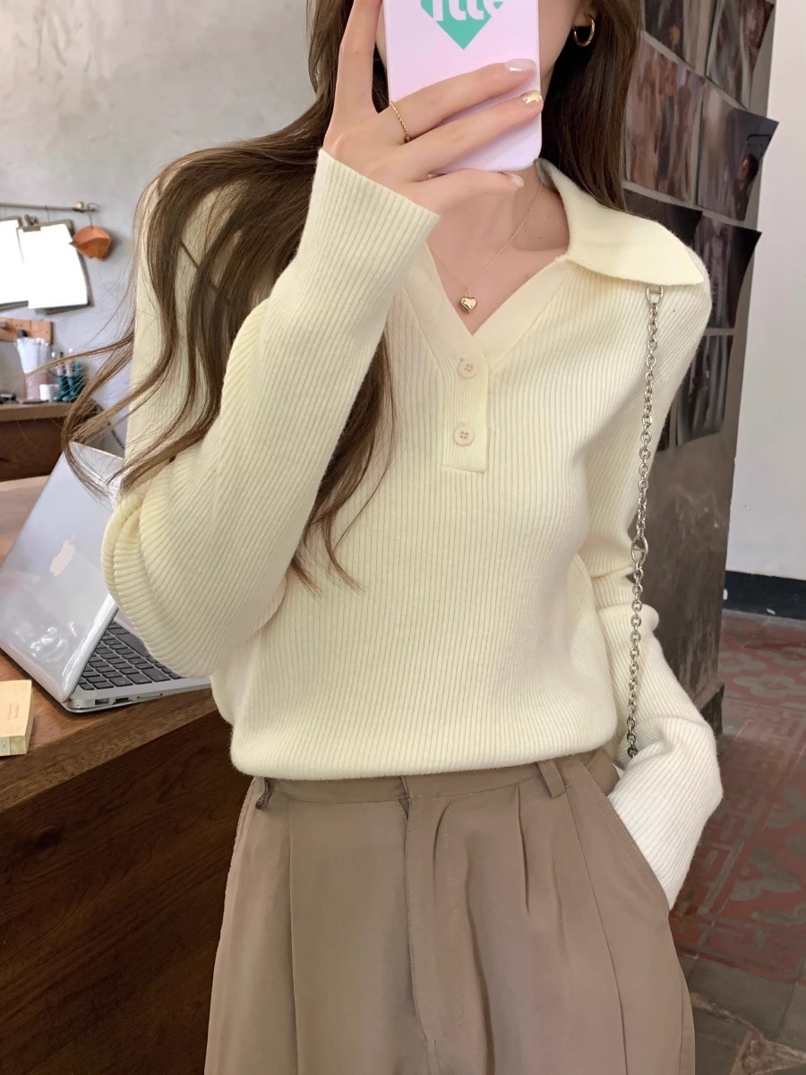 針織衫女秋冬季2023新款polo領紐扣打底長袖內搭短款毛衣漂亮上衣