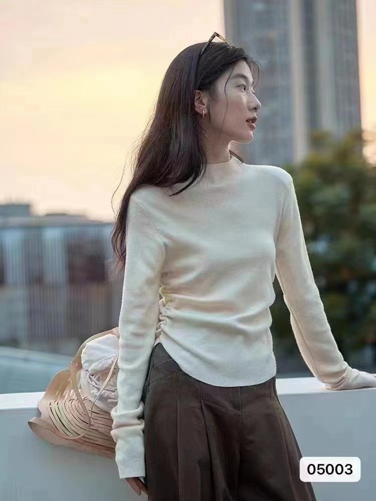 秋冬新款韓版時尚半高領純色褶皺顯瘦長袖上衣女