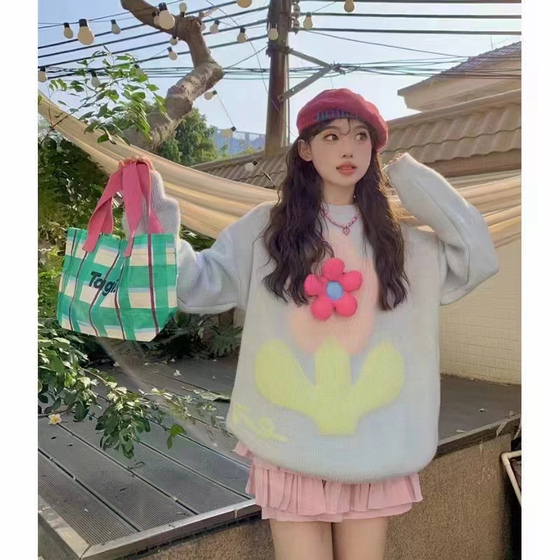 韓系奶甜減齡少女立體花朵設計感針織加厚套頭毛衣