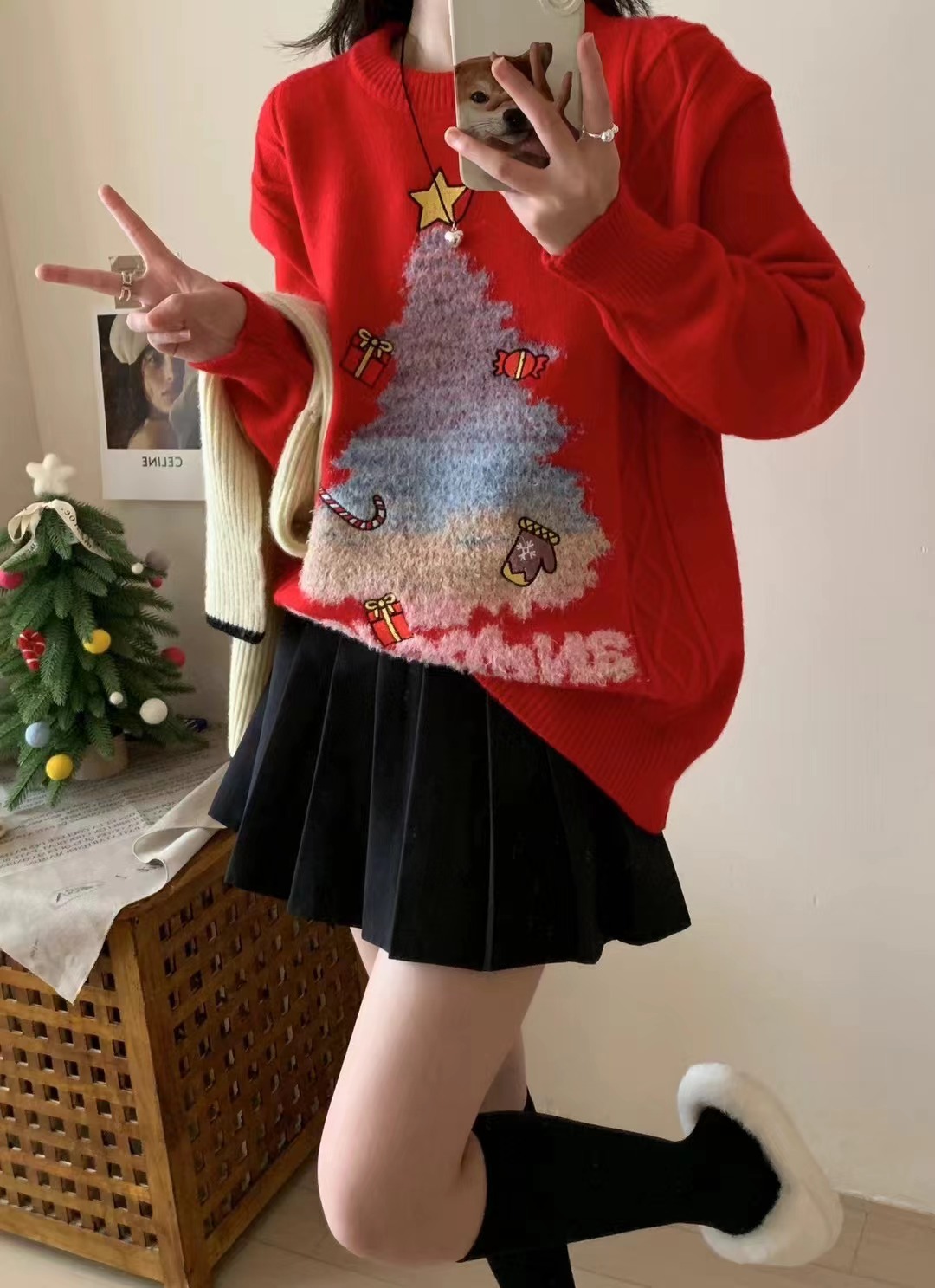 外貿復古聖誕樹紅色毛衣女冬季新款慵懶風寬鬆大件外套針織上衣