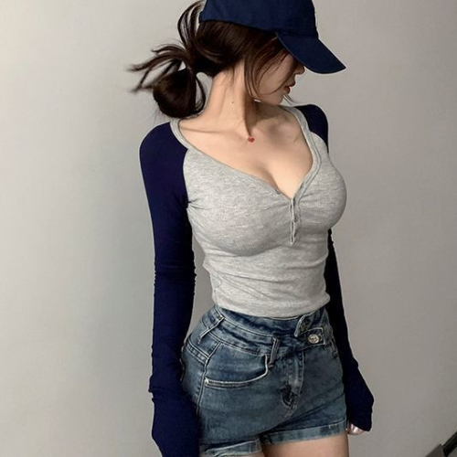 260g Modal 1*1 V-neck button pure lust style sexy long-sleeved T-shirt for women slimming waist