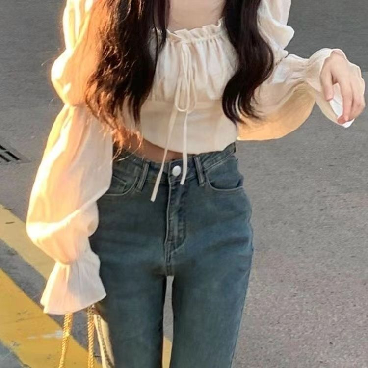 洗水皺提花#法式氛圍感小個子甜辣少女溫柔獨特别致短款長袖上衣
