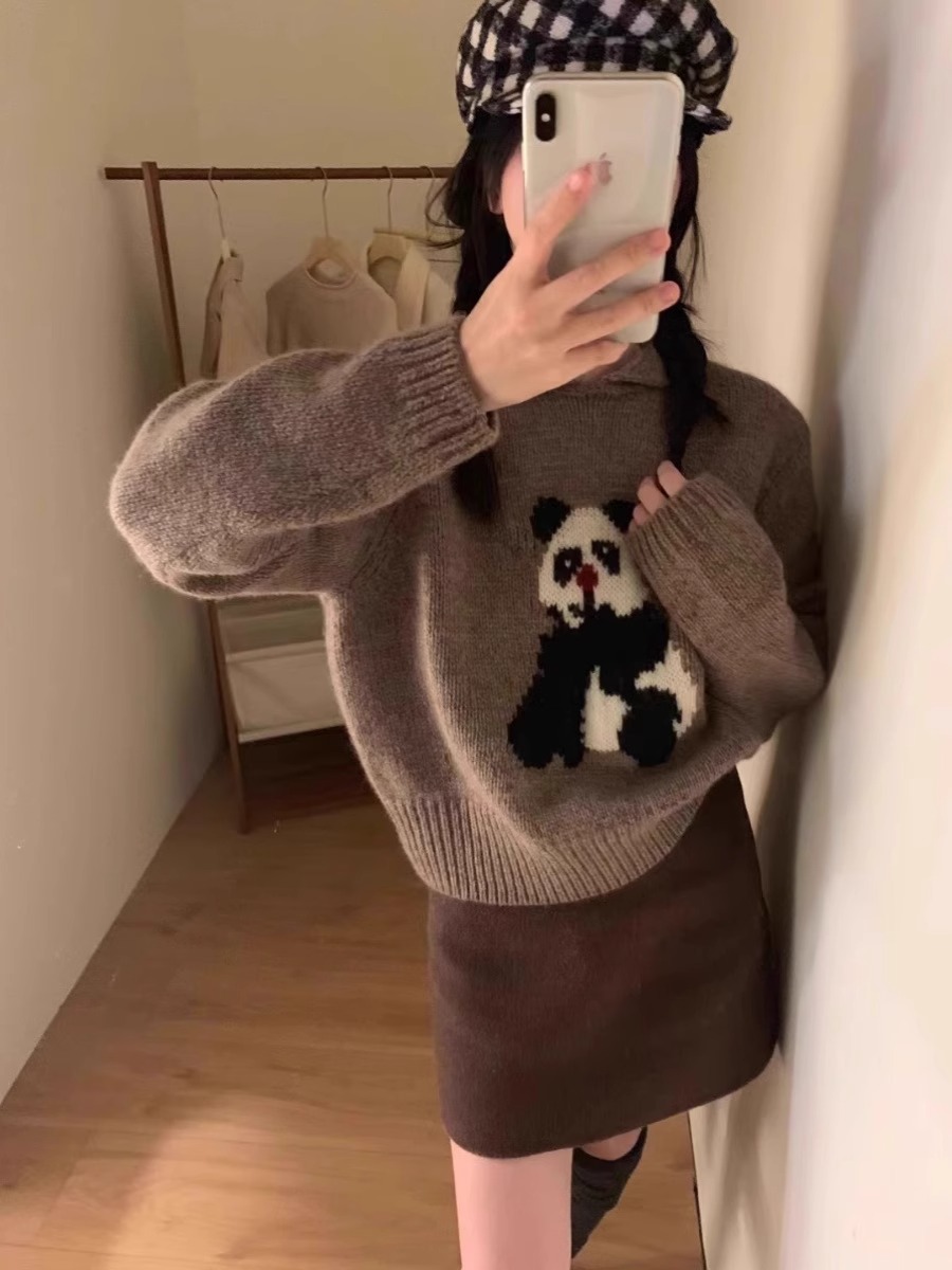 綿羊絨#韓系復古小翻領熊貓短款毛衣女秋冬設計感寬鬆軟糯打底
