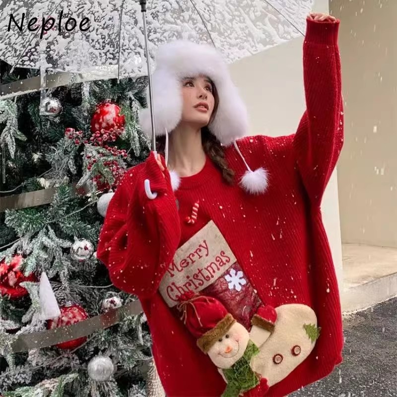 外貿聖誕雪人卡通套頭針織衫2023秋冬新款毛衣女力圖圖案超重工上