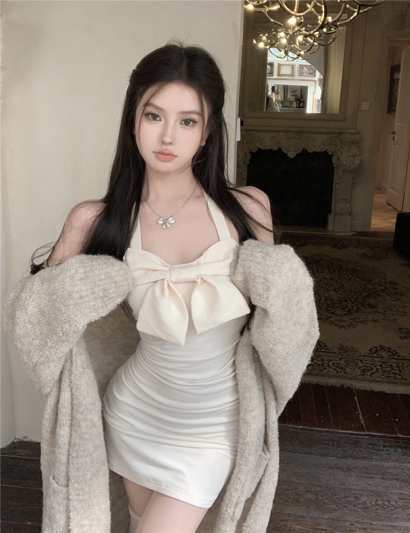 實拍糯嘰嘰圈圈絨慵懶寬鬆針織開衫外套+蝴蝶結掛脖針織連衣裙女