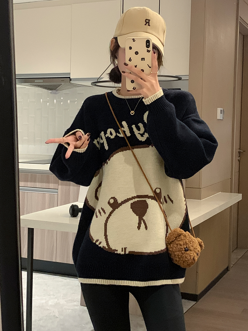 逃離地球美式復古小熊公仔圓領毛衣女潮牌情侶休閒百搭保暖針織衫