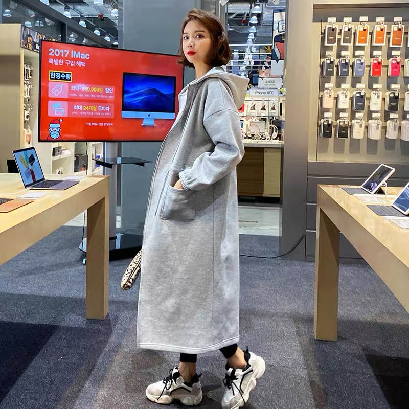 韓版純色百搭ins拉鏈開衫連帽衛衣女外套中長款加絨加厚寬鬆新款
