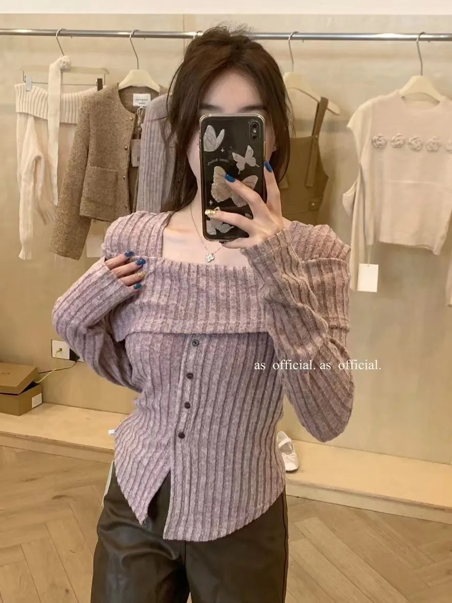 Elegant socialite one-shoulder sexy slimming long-sleeved sweater pure desire slimming irregular hem top for women