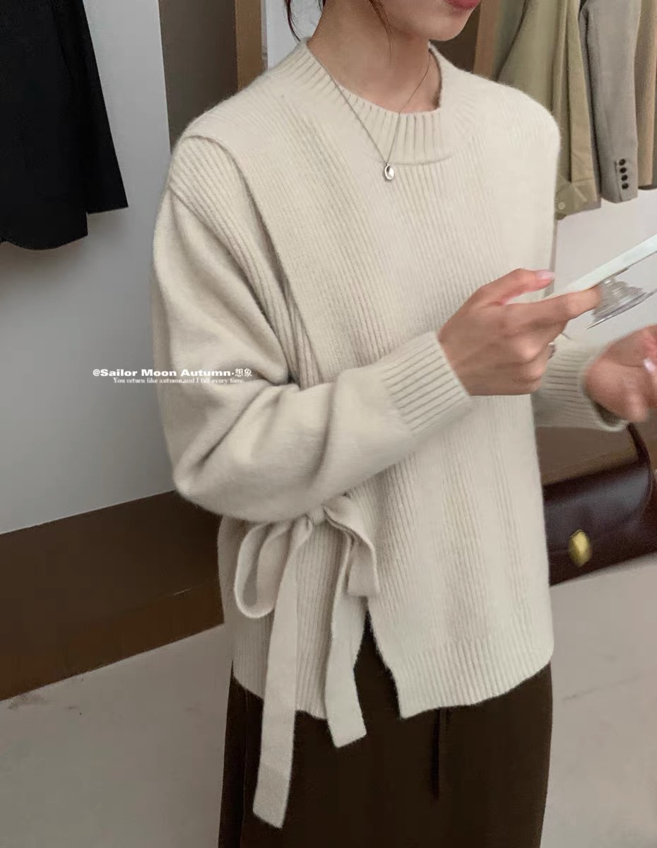 韓系圓領假兩件系帶套頭毛衣慵懶風寬鬆溫柔甜美百搭上衣女