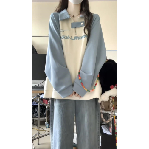 White Korean chic college style sweatshirt for women half zipper polo collar  new loose thin coat autumn and winter