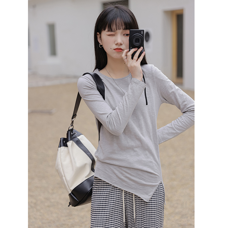 實拍四季百搭新款純棉圓領打底顯瘦t恤女疊穿韓版下擺開叉打袖t恤