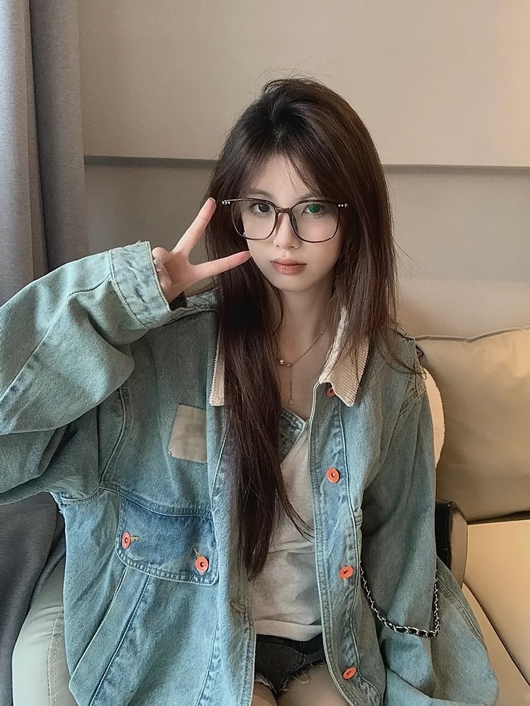 港風復古淺色水洗做舊拼接牛仔外套女秋情侶款燈芯絨寬鬆夾克上衣