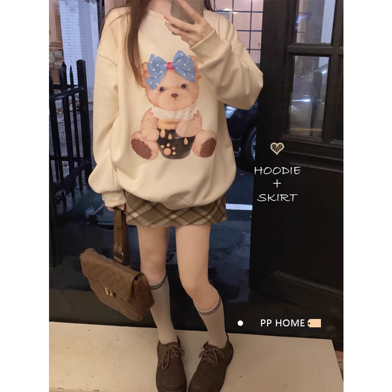 PPHOME萌趣甜妹~可愛小熊印花圓領加絨衛衣女休閒中長款寬鬆上衣