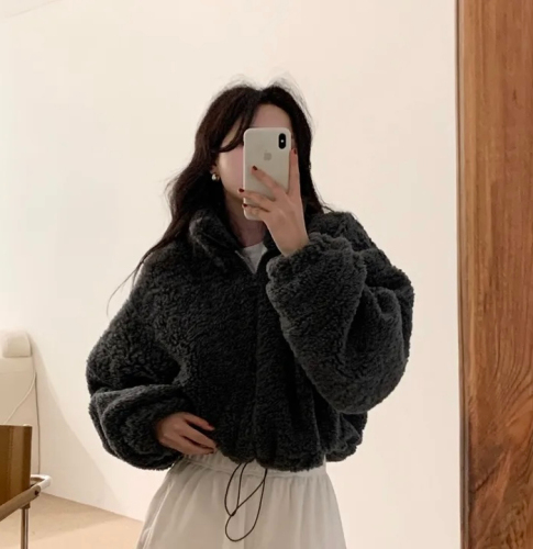 Korean chic autumn and winter new temperament stand-up collar zipper plush design versatile short cotton coat for women