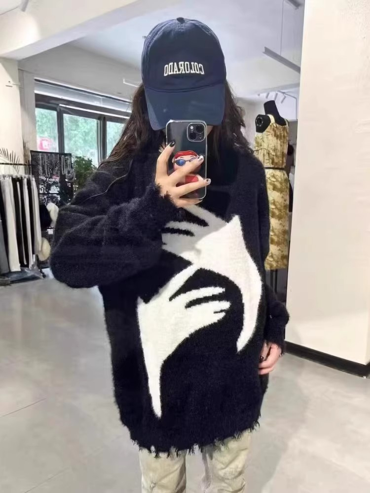 美式國潮軟糯慵懶風抽象水貂絨毛衣女秋冬季復古情侶保暖針織衫