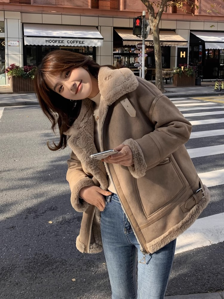 Fur integrated lambskin jacket for women winter 2023 new Korean style high-end imitation lambskin suede motorcycle jacket