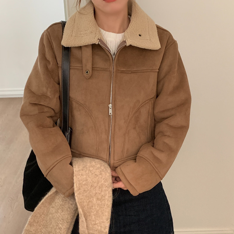 Real shot retro niche lambswool deerskin fur all-in-one loose coat short cotton jacket