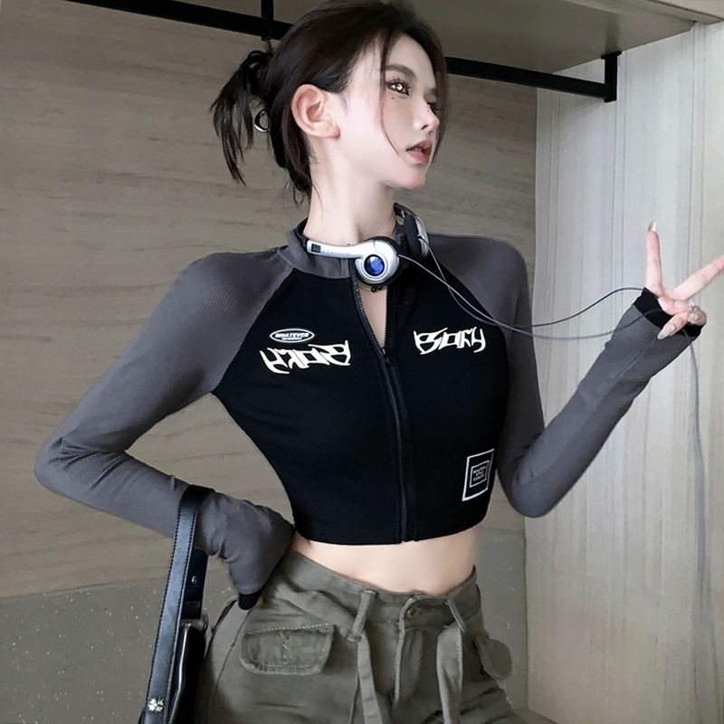Tmall quality hot girl T-shirt women's ins fashion short contrasting color zipper tight slimming long-sleeved bottoming shirt top