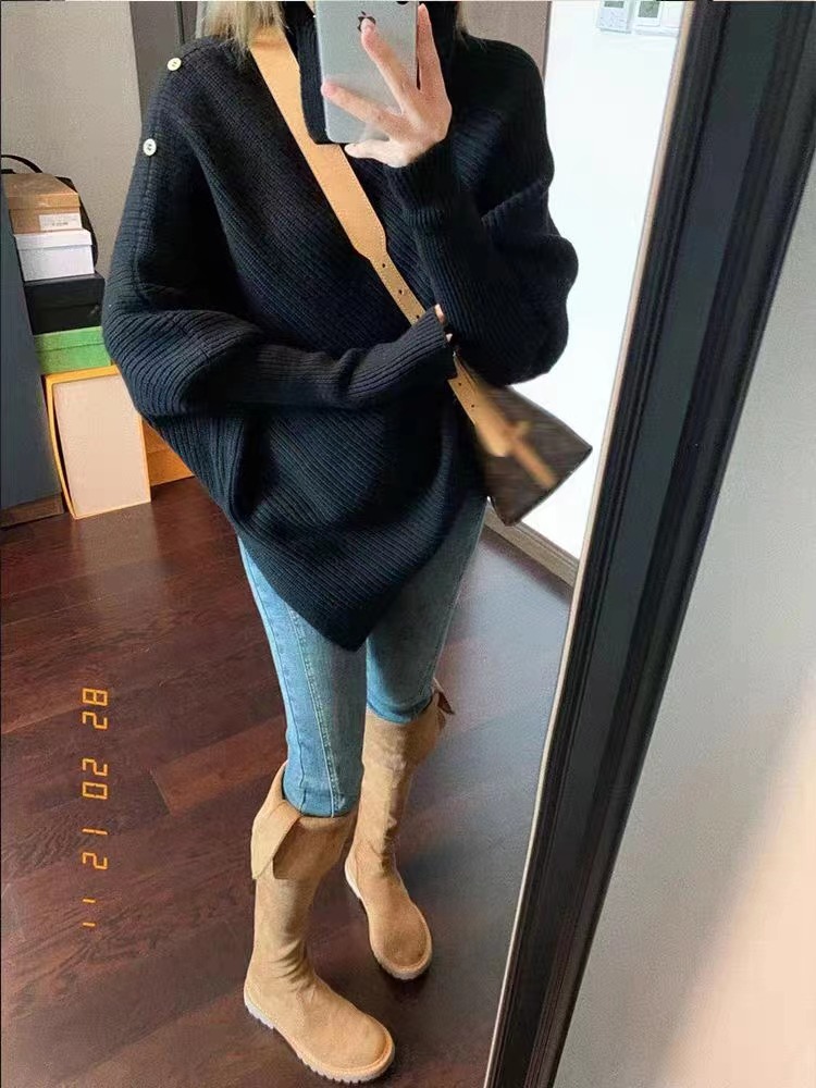 TIDE STUDIOS Designed irregular turtleneck sweater for women in autumn and winter loose soft waxy long-sleeved cape top