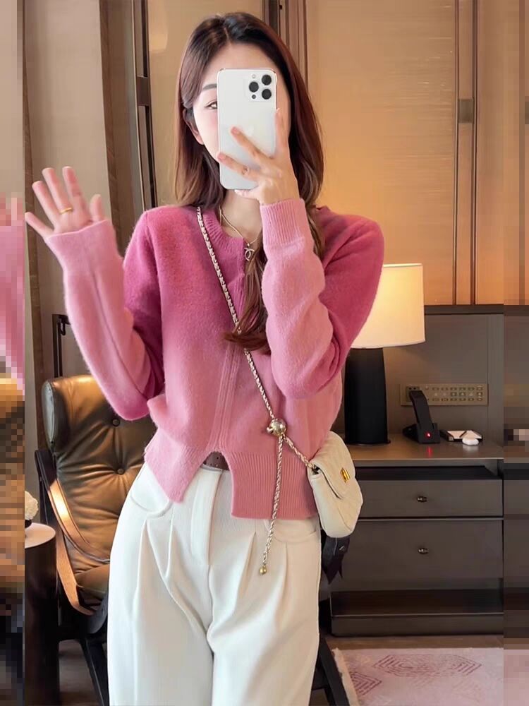 歐貨軟糯甜美拼色V領毛衣女秋冬慵懶風溫柔洋氣減齡針織衫上衣潮