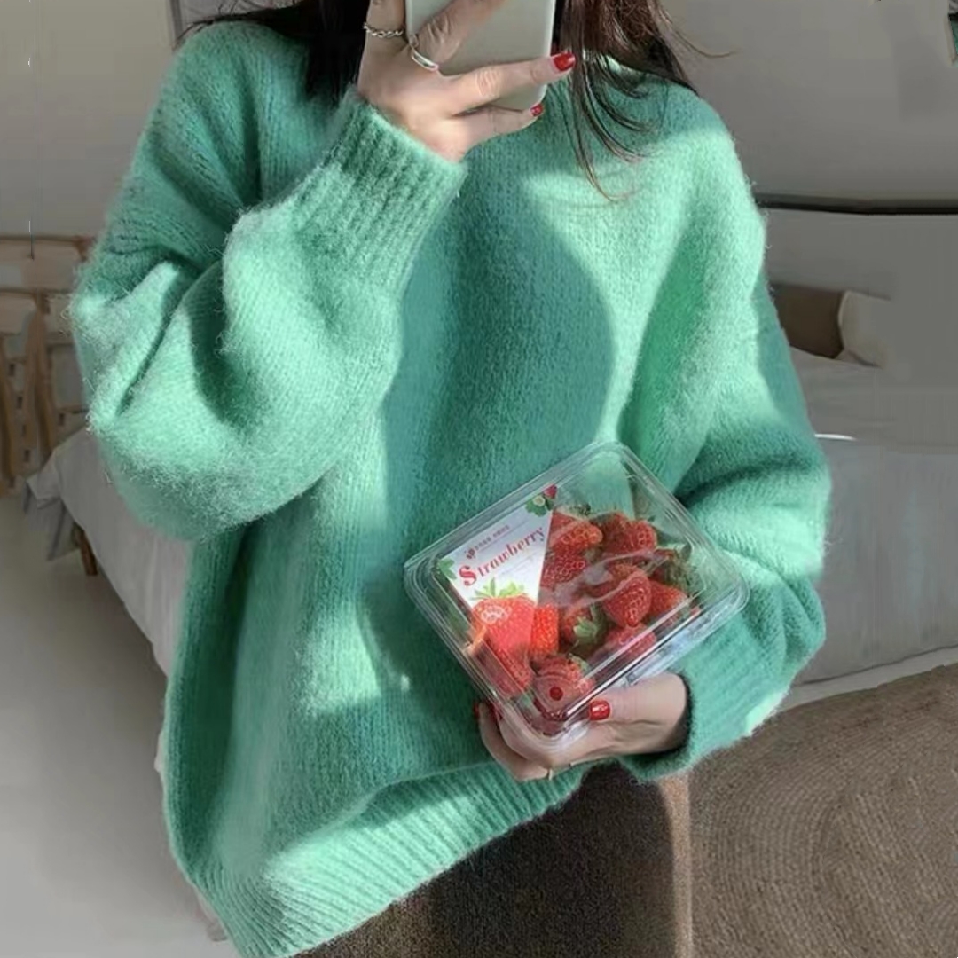 2023秋冬新款高級感慵懶風加厚軟糯藍色浣熊絨毛衣女冬季內搭