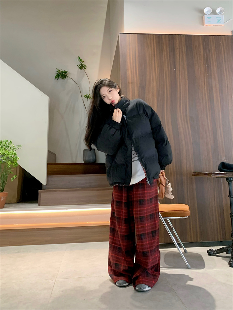 實拍 冬季新款甜酷拼接加厚保暖麵包服格子闊腿長褲套裝