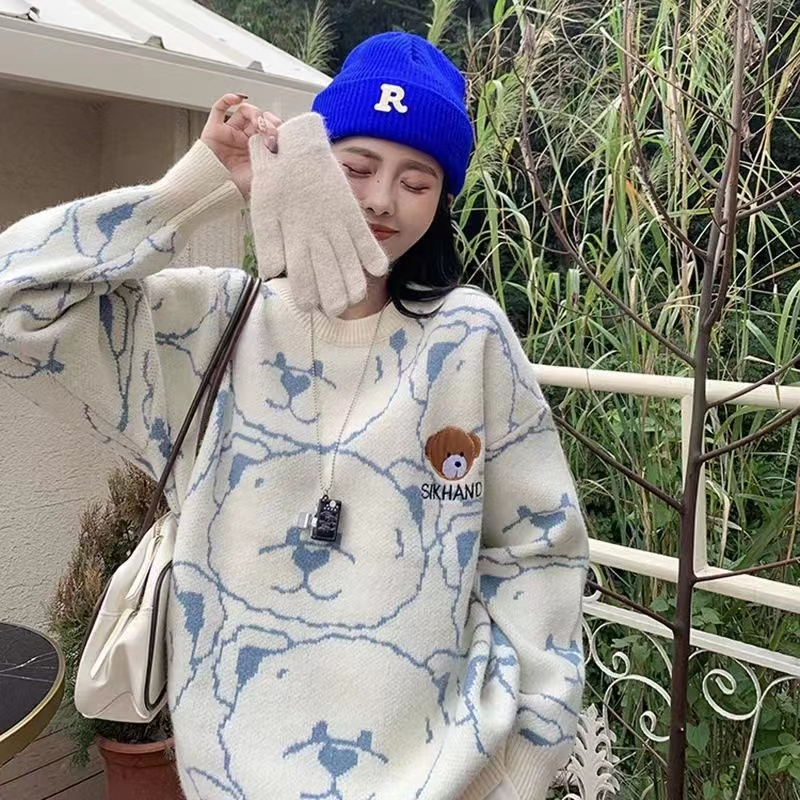 古着小熊毛衣女秋冬慵懶風寬鬆外穿軟糯溫柔港味復古chic套頭上衣
