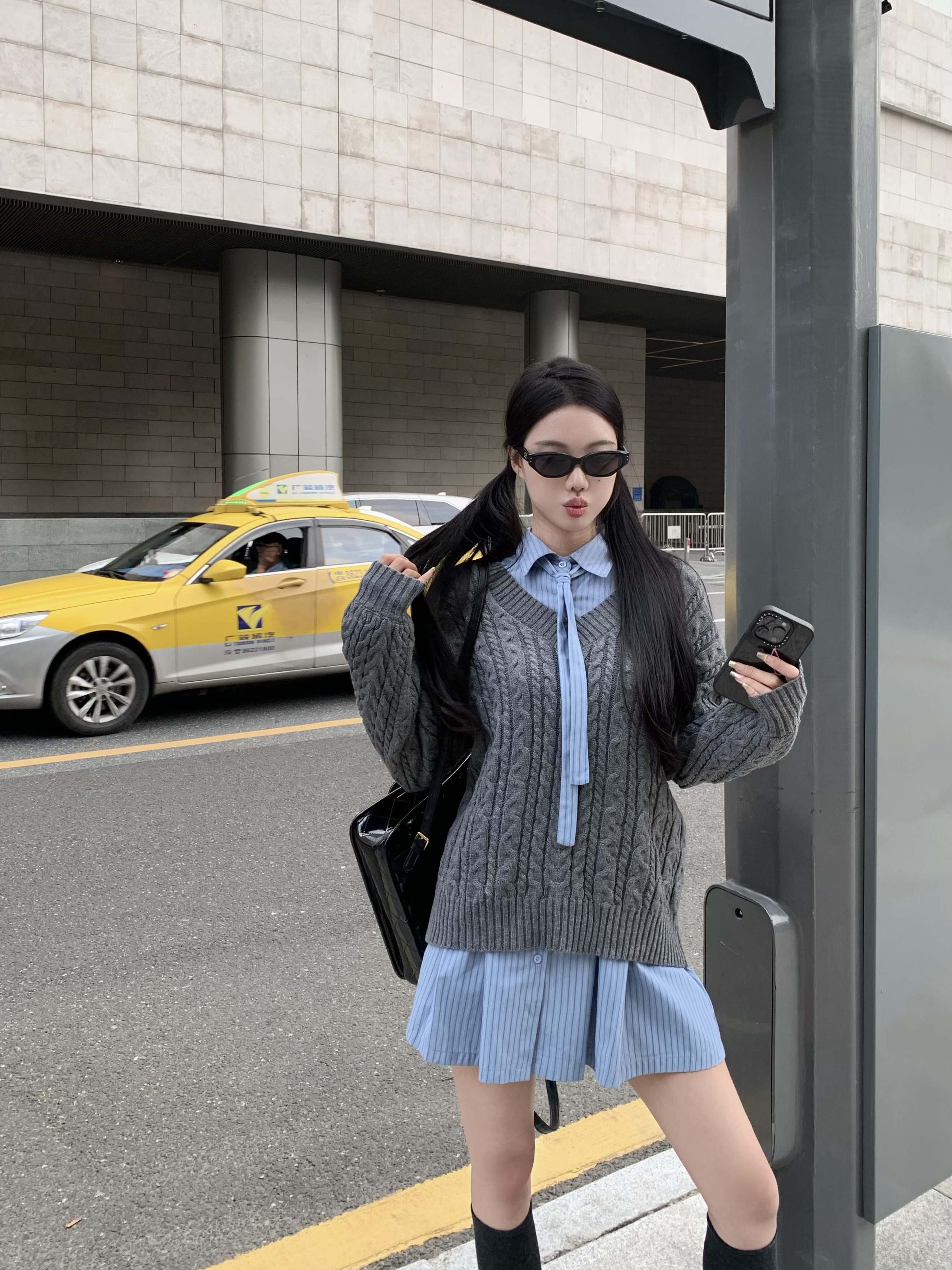 實拍 條紋長袖連衣裙襯衫裙子 慵懶風V領毛衣寬鬆針織衫