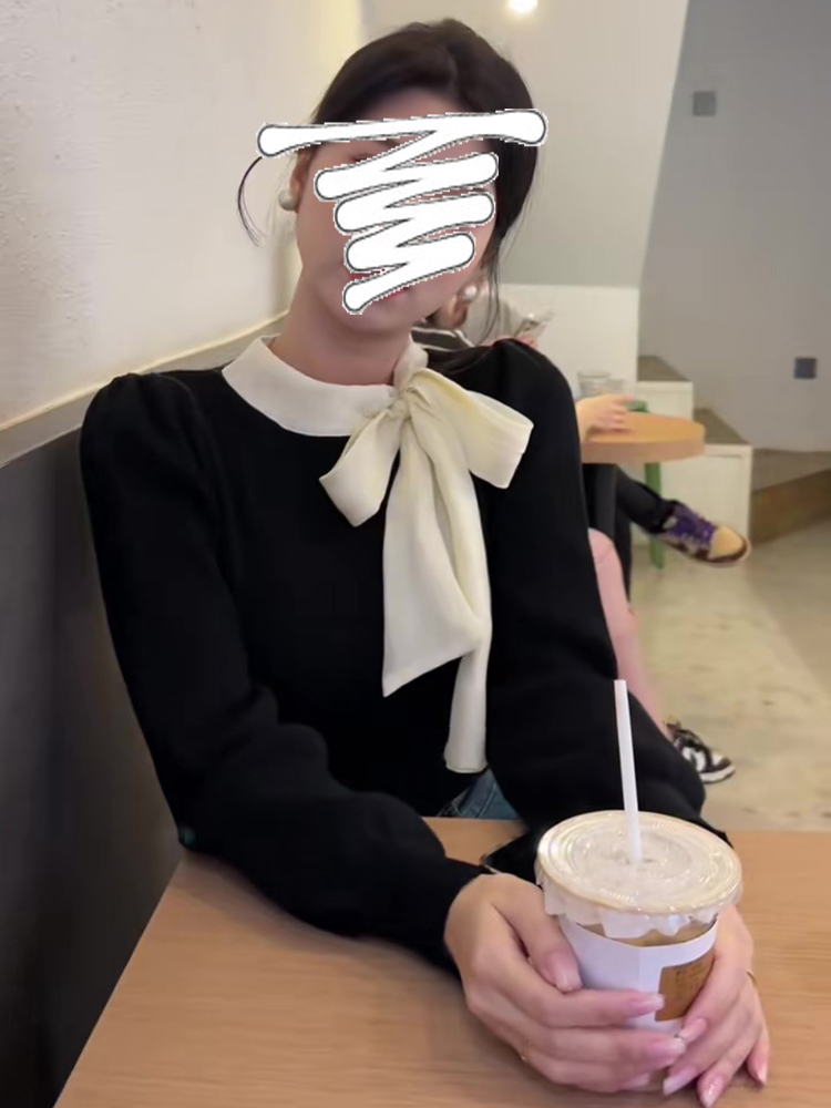 秋冬韓版氣質蝴蝶結圍巾領黑色針織衫女修身打底衫長袖上衣