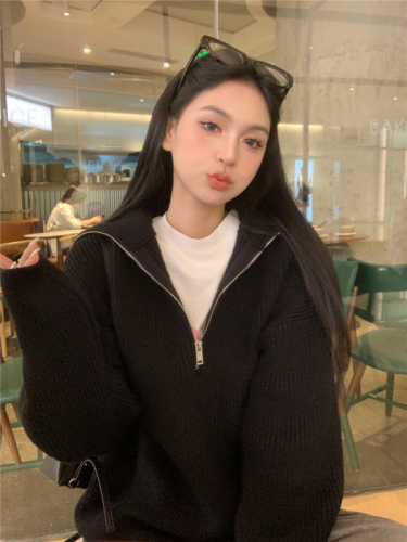 Real shot of large size Korean style INS half zipper lapel winter warm sweater jacket
