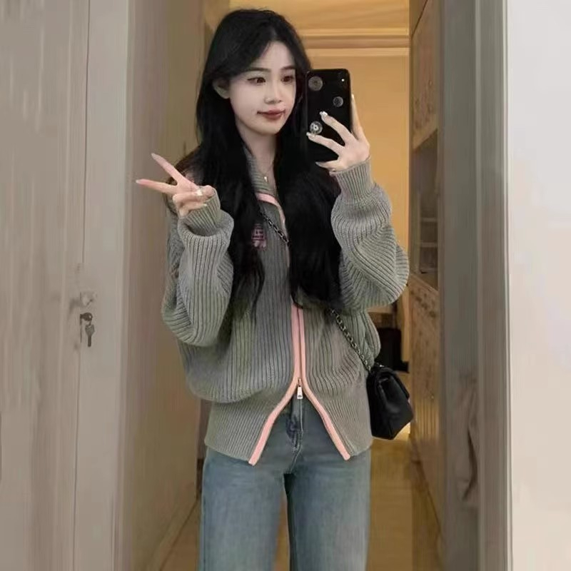 Gray sweater for women autumn and winter 2023 early spring new style lazy Hong Kong style retro chic top knitted cardigan jacket
