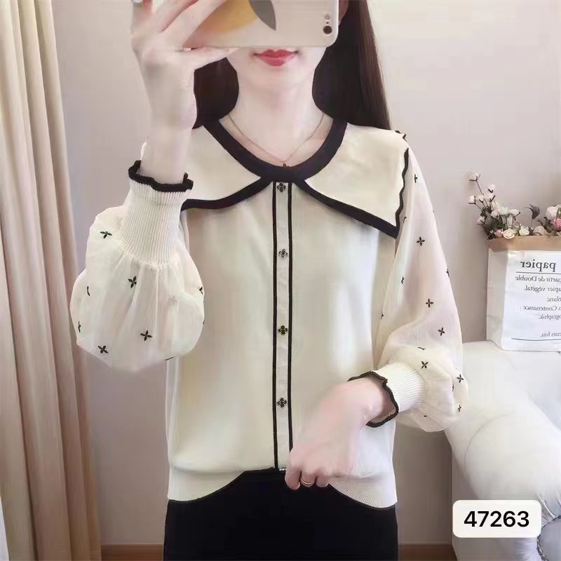 秋冬新款設計感洋氣減齡娃娃領拼接雪紡泡泡袖上衣女