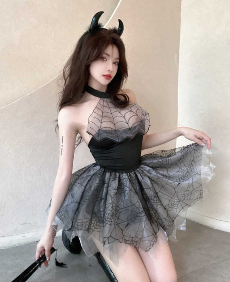 實拍~辣妹蜘蛛網掛脖修腰超短大擺蓬蓬裙子性感露背四季款連衣裙