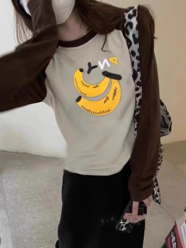  new autumn and winter Korean style fashionable banana pattern printed loose round neck color matching western style brushed long-sleeved T-shirt