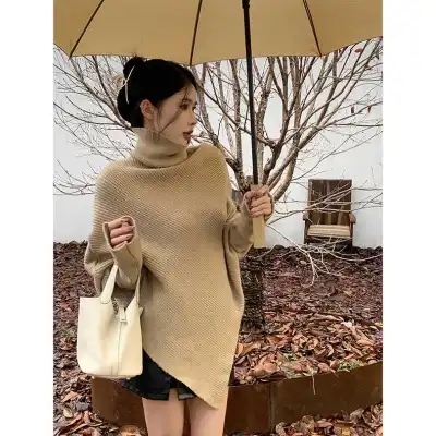 韓版高領不規則毛衣女2023秋冬新款設計感外穿加厚中長款針織上衣