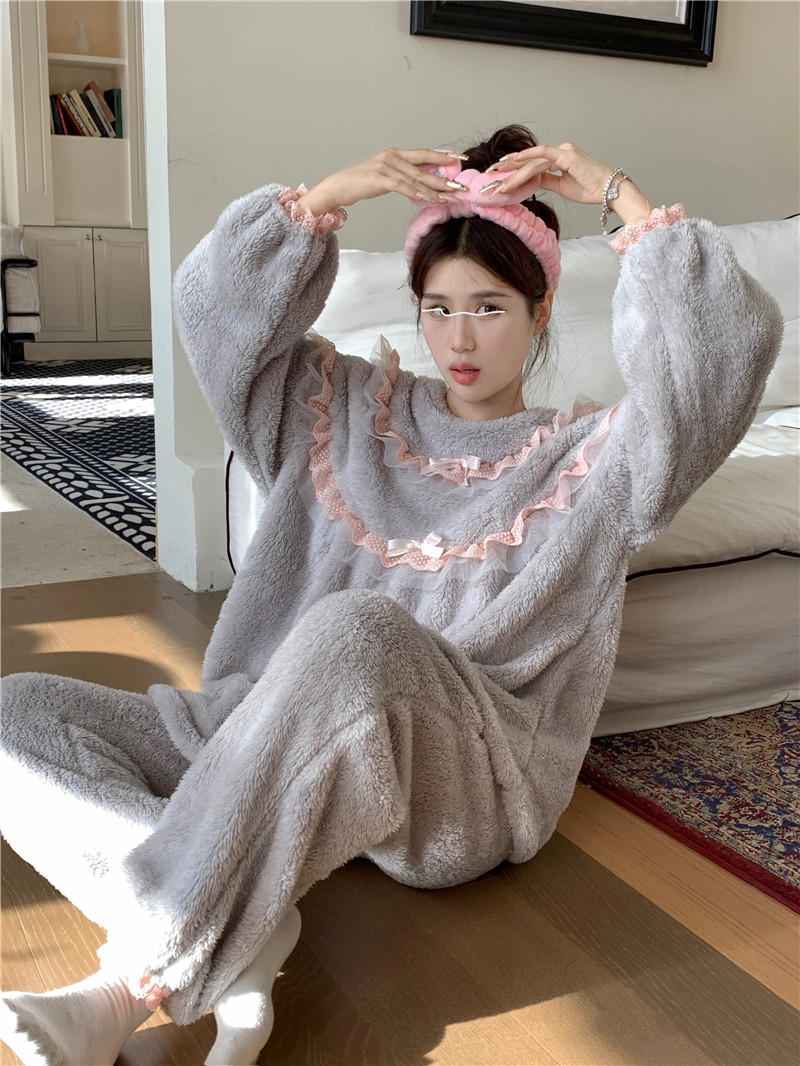 實拍韓版毛茸茸寬鬆甜美蕾絲可愛珊瑚絨冬季保暖家居服套裝