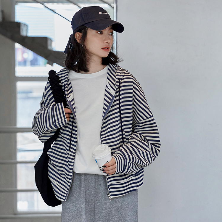 實拍條紋連帽衛衣外套女 新款秋季百搭韓版寬鬆長袖上衣