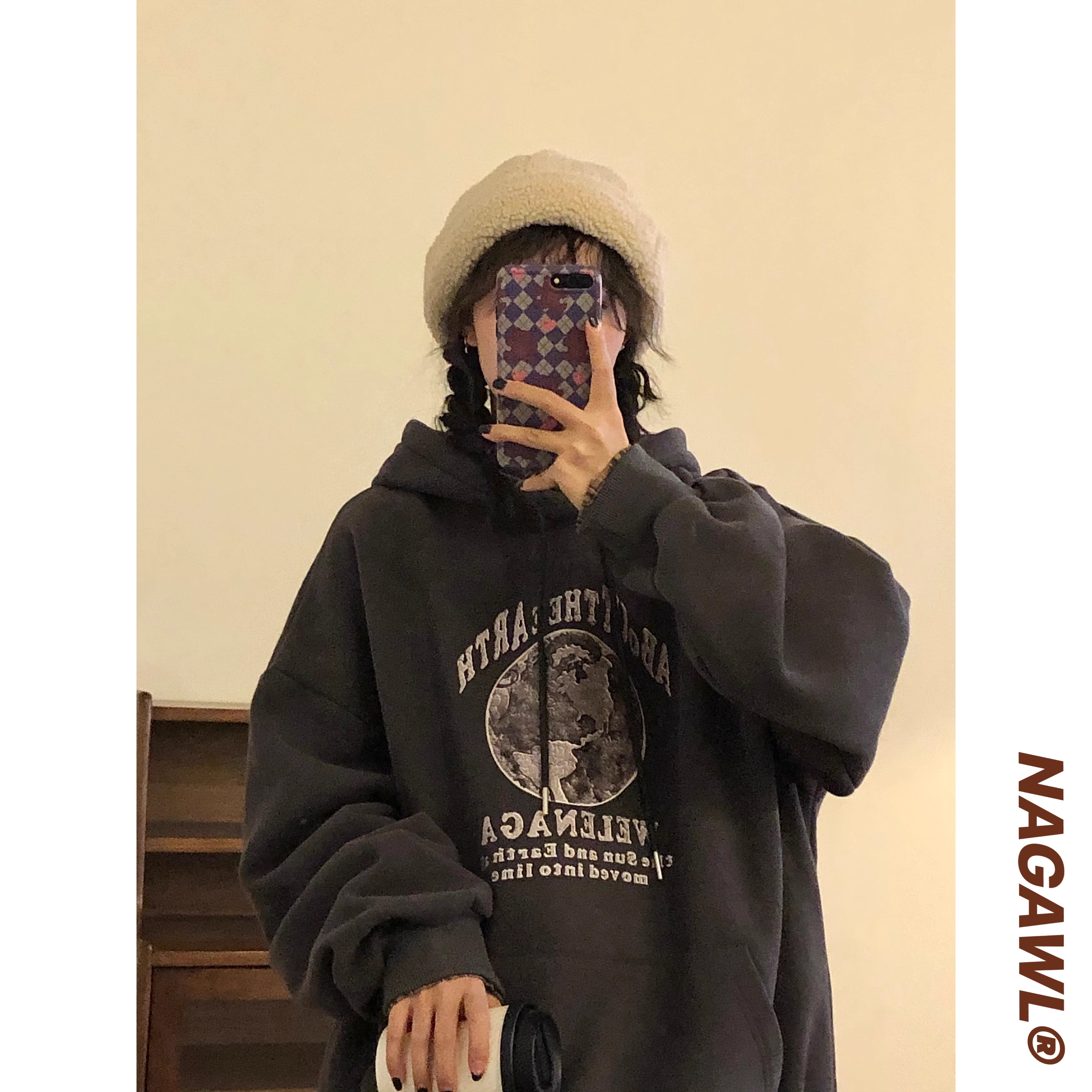 官圖華棉複合薄款310克/加絨410克秋冬裝衛衣女印花