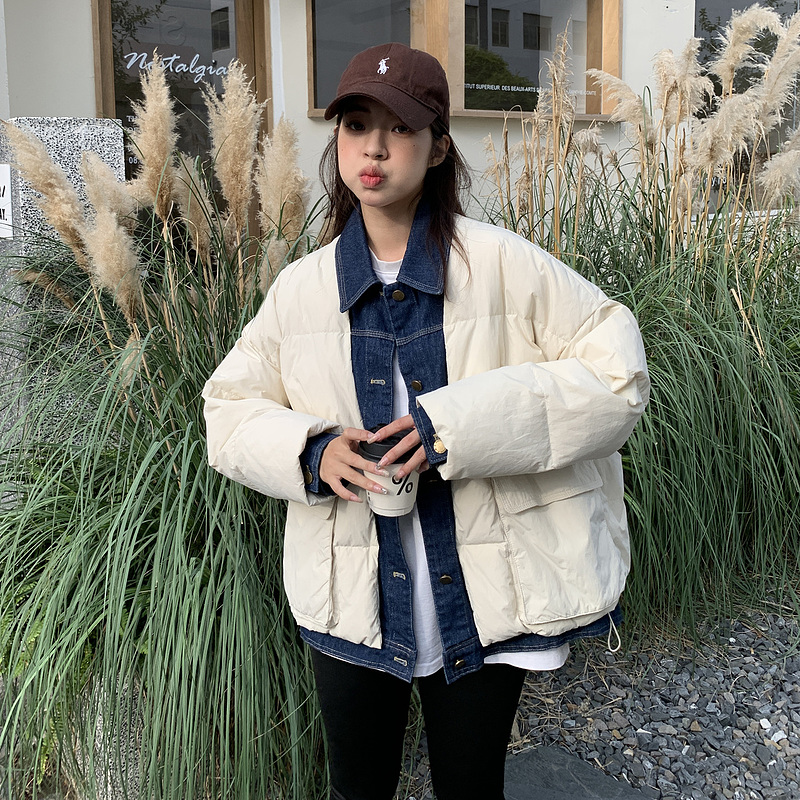 實拍韓系2023冬新款羽絨棉服女寬鬆學生牛仔短款麵包服棉衣外套潮