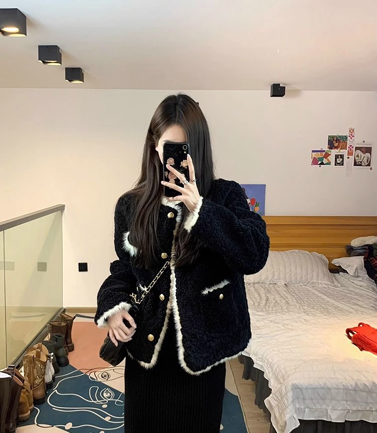 加厚原版羊羔絨冬季小香風羊羔毛外套女2023新款小個子加厚上衣
