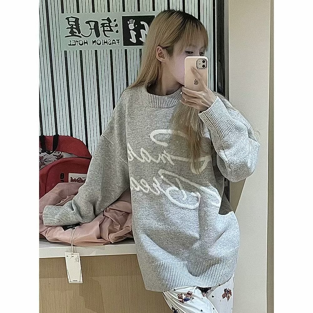 美式復古字母提花圓領毛衣男女秋冬季潮流寬鬆慵懶情侶針織衫外套