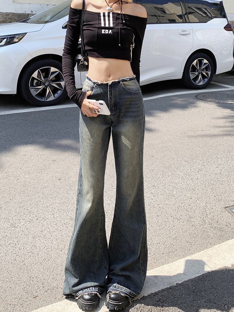 美式復古低腰微喇叭牛仔褲女秋季辣妹直筒毛邊闊腿拖地褲子