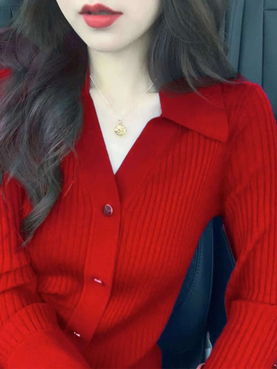 新年紅色翻領針織開衫女秋冬秋季上衣本命年復古內搭修身毛衣外套