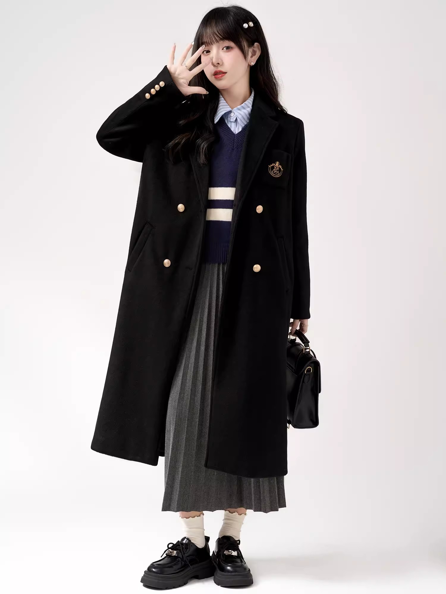 Bokaqi 2023 winter suit collar mid-length woolen coat women's loose college style black woolen coat new