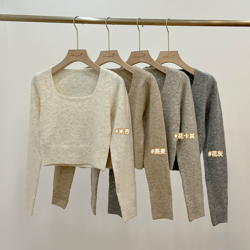 Square collar short long-sleeved sweater for women autumn 2023 new small soft waxy sweater with pullover base layer