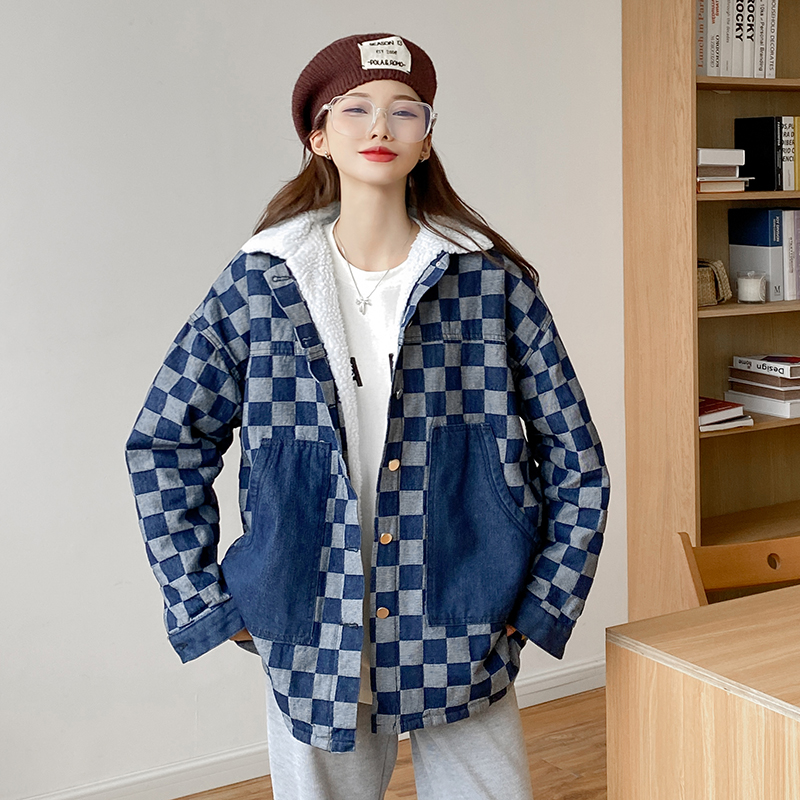 實拍~加絨加厚棋盤格牛仔外套女冬季韓版寬鬆復古保暖棉衣潮